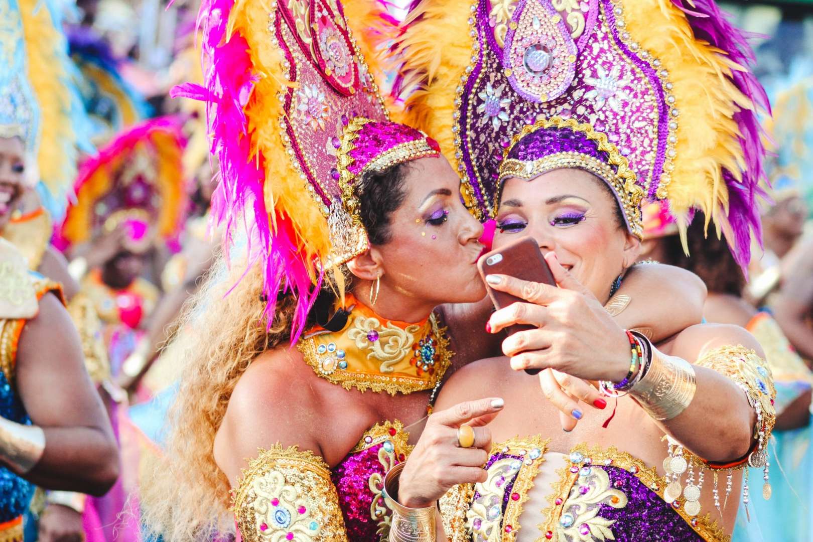 Brazilian Carnival Women Taking a Social Media Selfie For Travel Sites