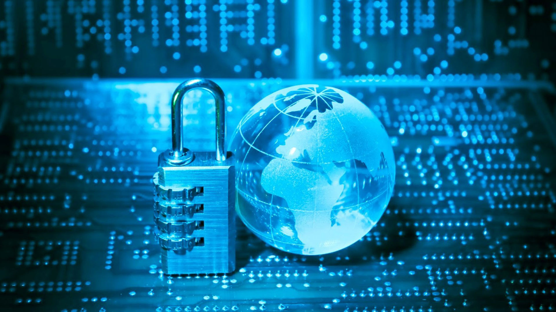 Blue padlock with globe figure