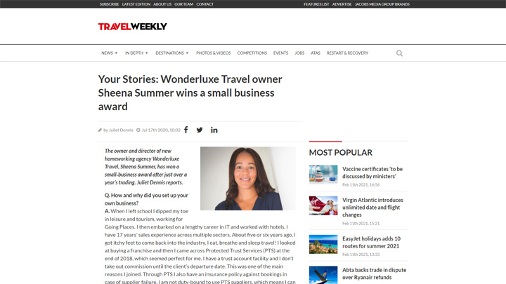 PTS Member Wonderluxe Travel Wins Small Business Award