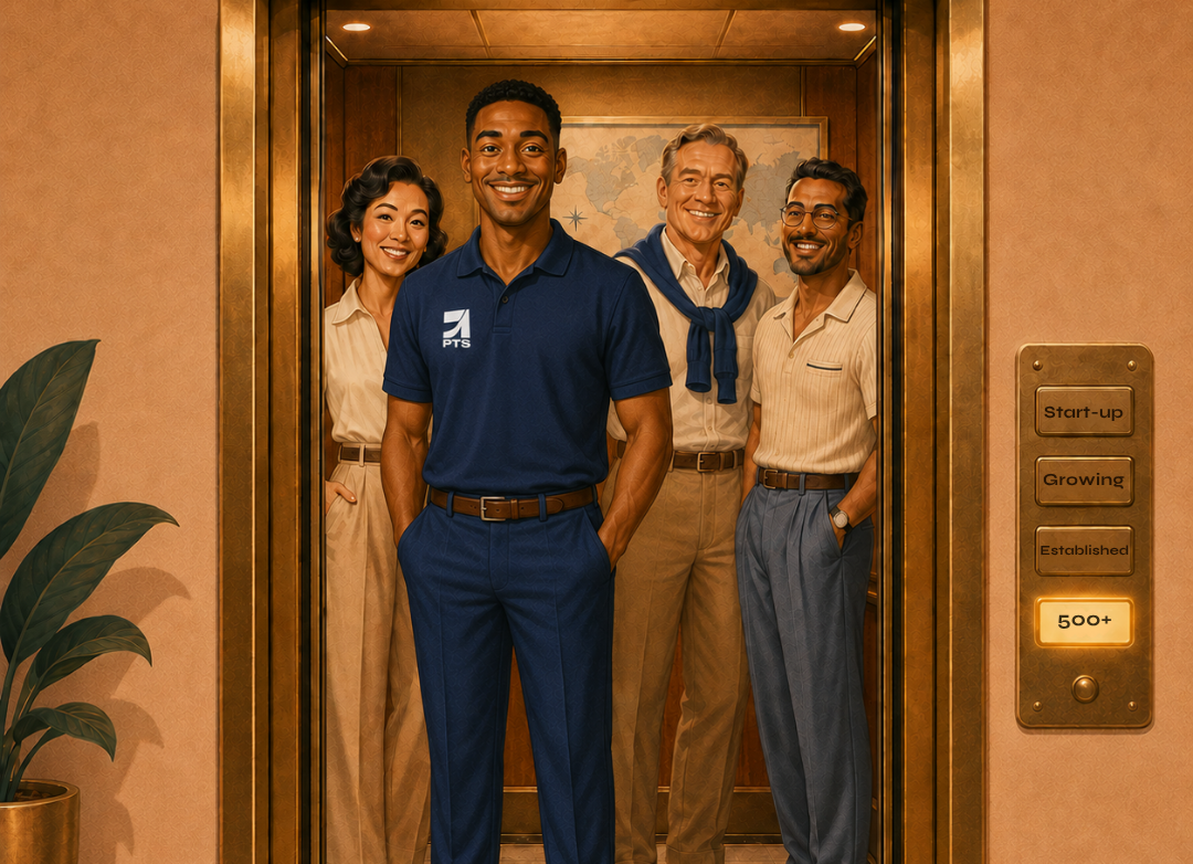 Cartoon image of four people standing in a lift