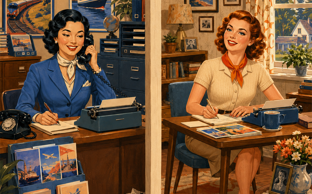 Traditional travel agent next to a homeworking travel agent